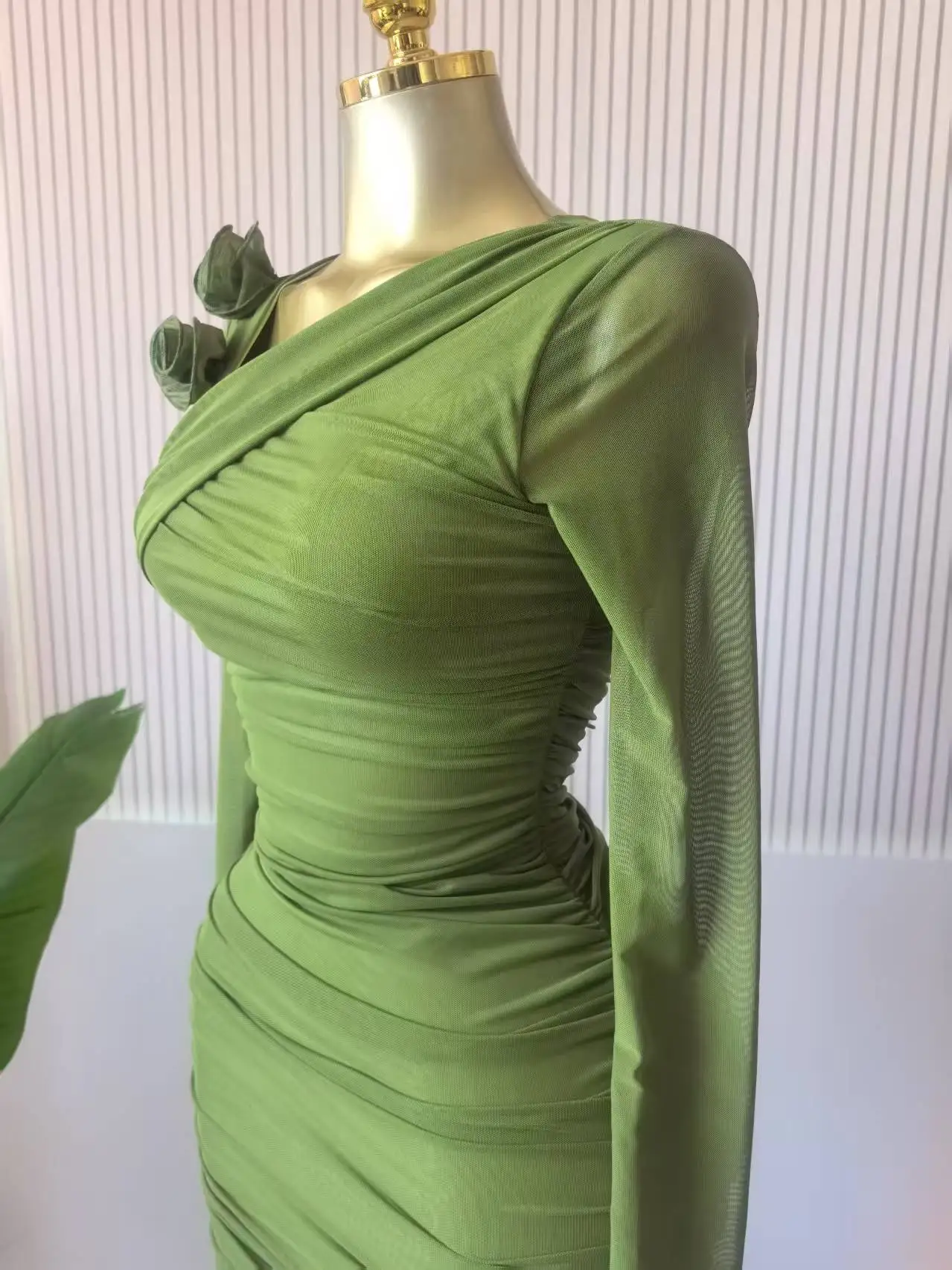 GLCMYAYA Women Long Sleeve Floral Applique Skew Collar Stacked Ruched Bodycon Midi Dress Vacation Holiday Party Birthday Dresses