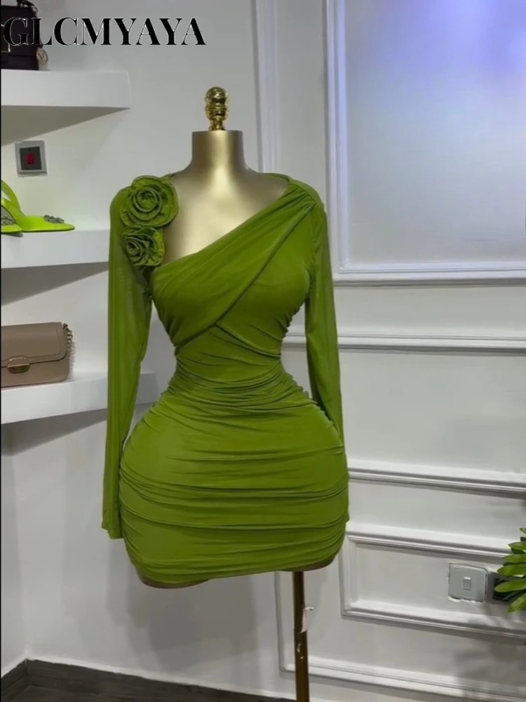 GLCMYAYA Women Long Sleeve Floral Applique Skew Collar Stacked Ruched Bodycon Midi Dress Vacation Holiday Party Birthday Dresses