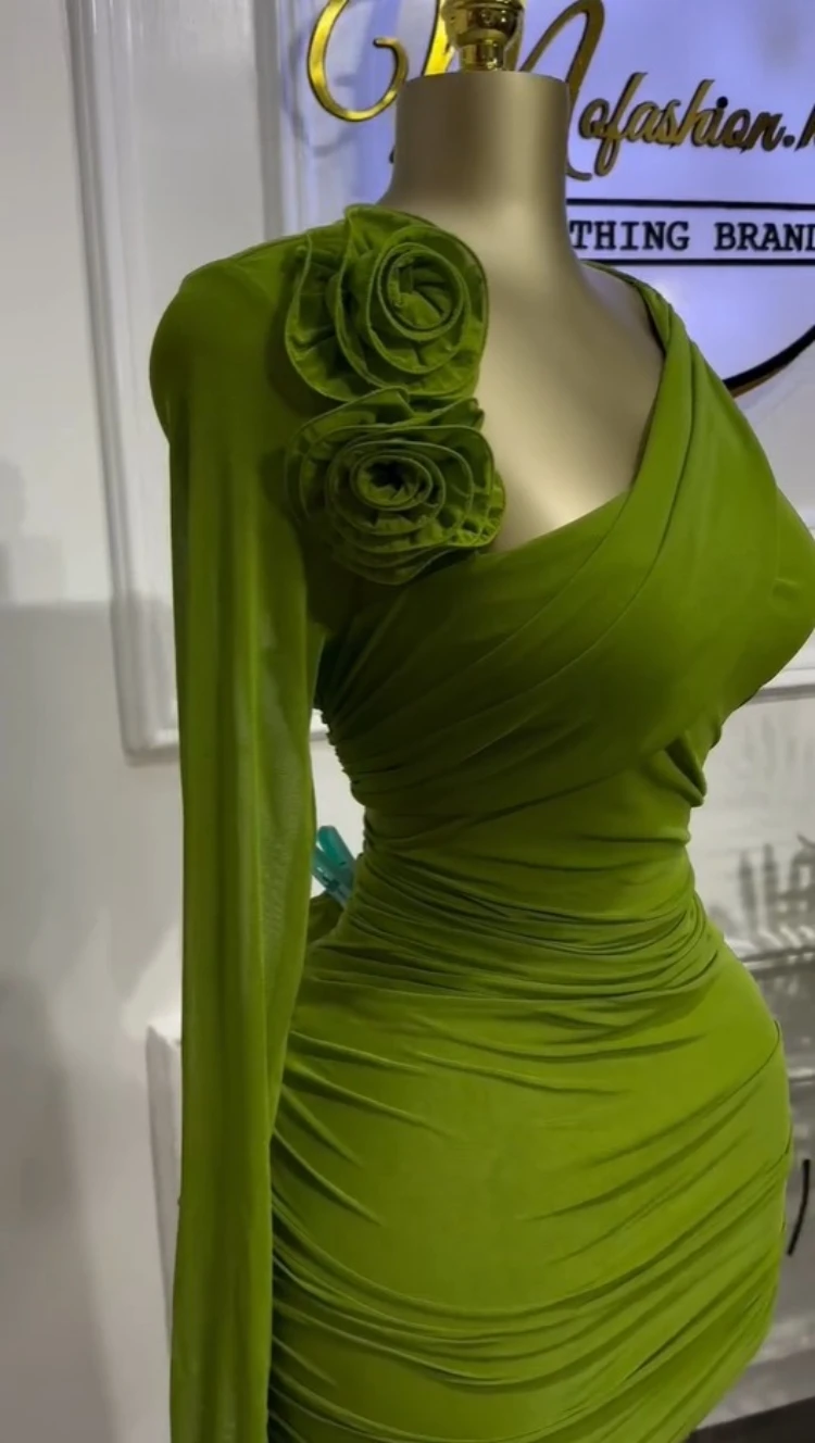 GLCMYAYA Women Long Sleeve Floral Applique Skew Collar Stacked Ruched Bodycon Midi Dress Vacation Holiday Party Birthday Dresses