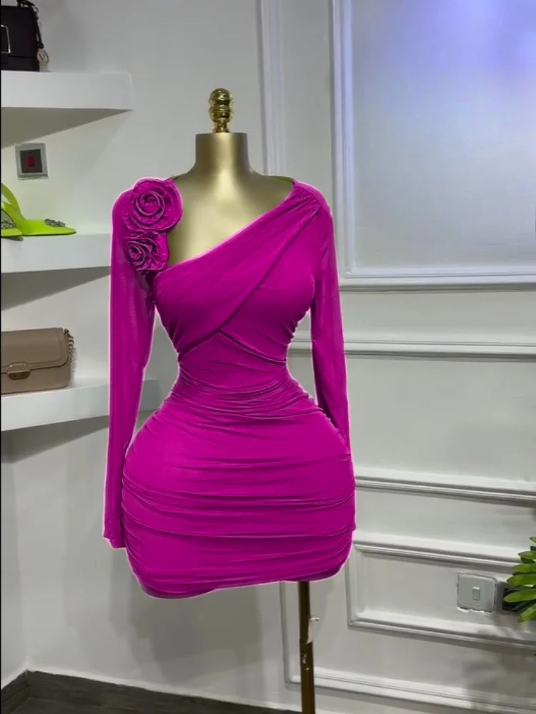 GLCMYAYA Women Long Sleeve Floral Applique Skew Collar Stacked Ruched Bodycon Midi Dress Vacation Holiday Party Birthday Dresses