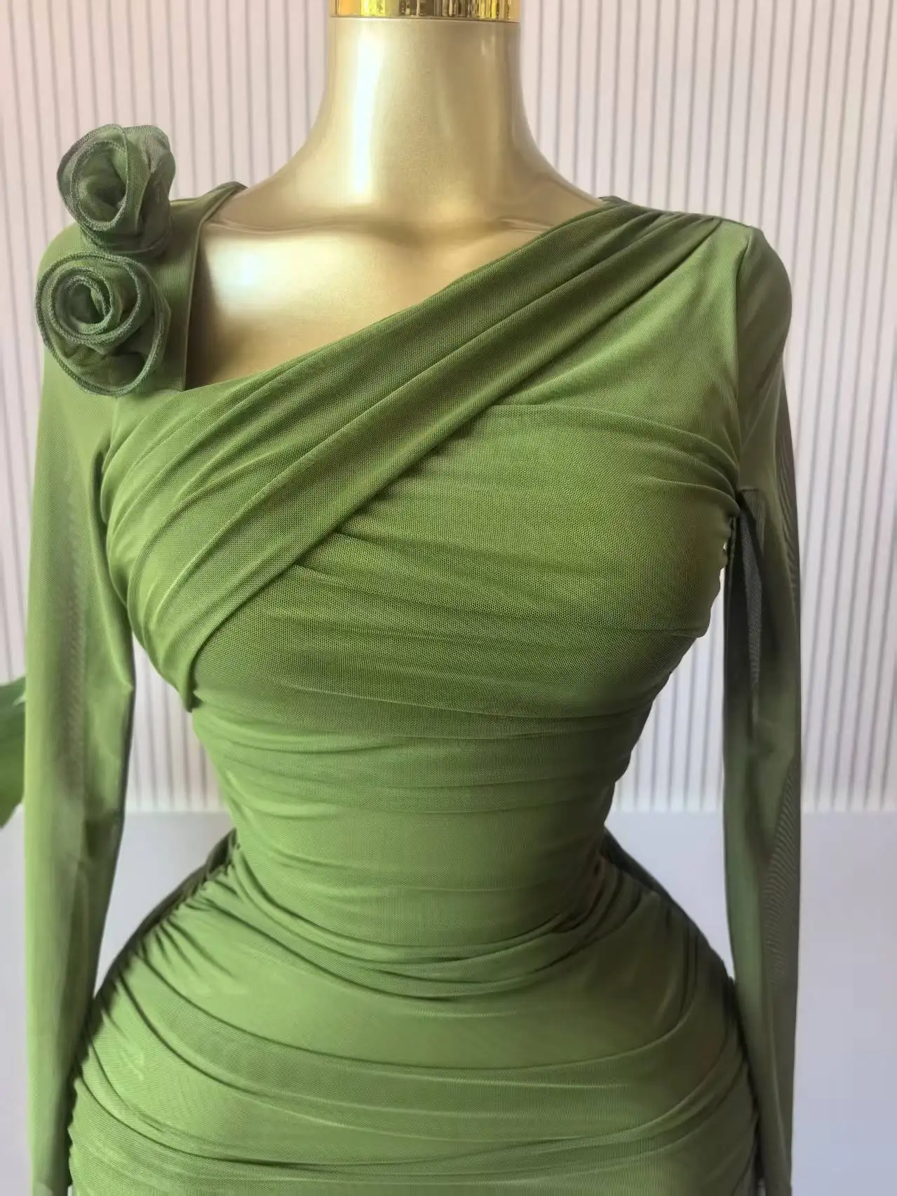 GLCMYAYA Women Long Sleeve Floral Applique Skew Collar Stacked Ruched Bodycon Midi Dress Vacation Holiday Party Birthday Dresses