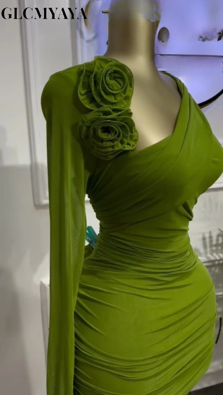 GLCMYAYA Women Long Sleeve Floral Applique Skew Collar Stacked Ruched Bodycon Midi Dress Vacation Holiday Party Birthday Dresses