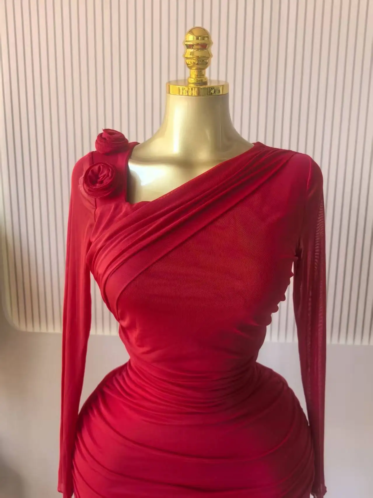 GLCMYAYA Women Long Sleeve Floral Applique Skew Collar Stacked Ruched Bodycon Midi Dress Vacation Holiday Party Birthday Dresses