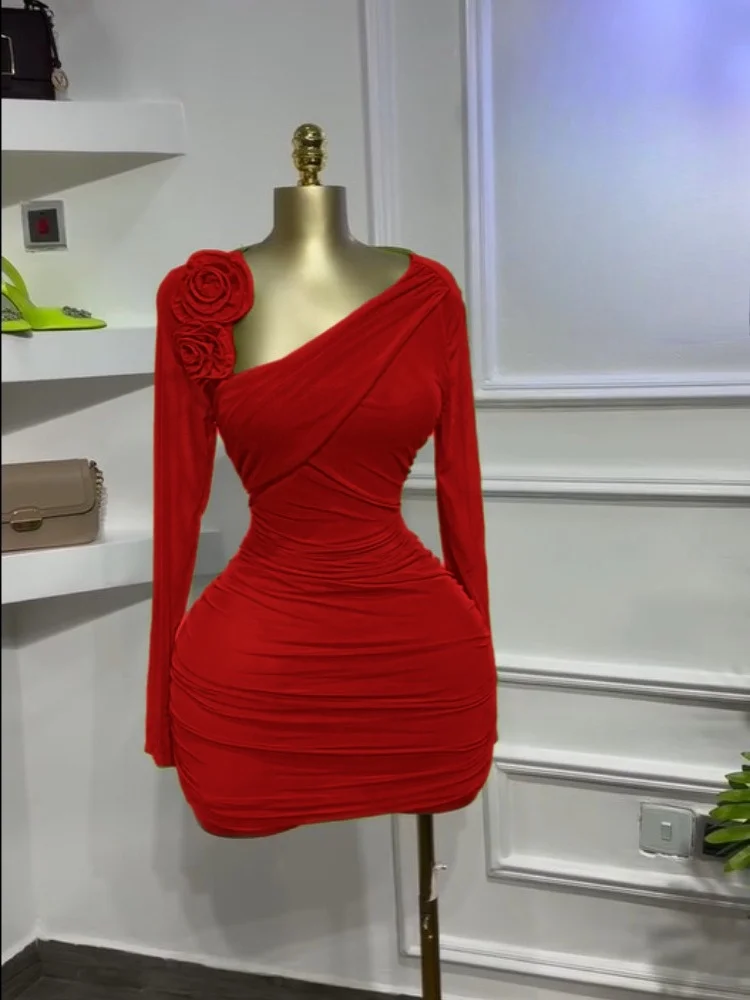 GLCMYAYA Women Long Sleeve Floral Applique Skew Collar Stacked Ruched Bodycon Midi Dress Vacation Holiday Party Birthday Dresses