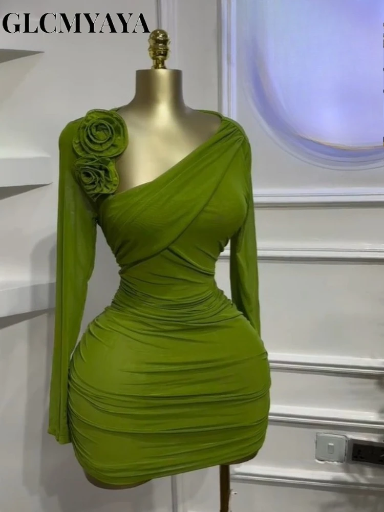 GLCMYAYA Women Long Sleeve Floral Applique Skew Collar Stacked Ruched Bodycon Midi Dress Vacation Holiday Party Birthday Dresses