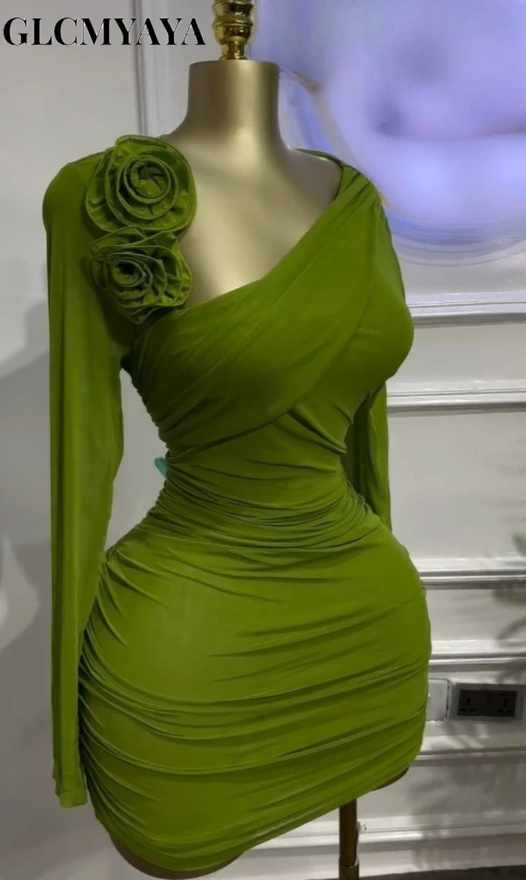 GLCMYAYA Women Long Sleeve Floral Applique Skew Collar Stacked Ruched Bodycon Midi Dress Vacation Holiday Party Birthday Dresses