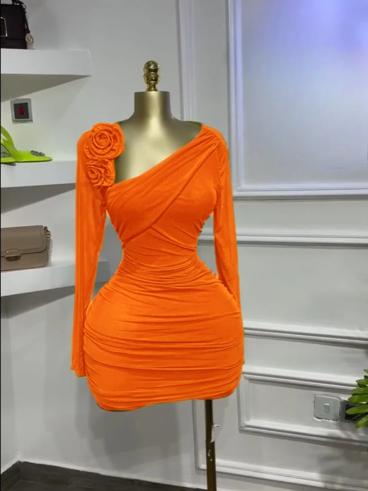 GLCMYAYA Women Long Sleeve Floral Applique Skew Collar Stacked Ruched Bodycon Midi Dress Vacation Holiday Party Birthday Dresses