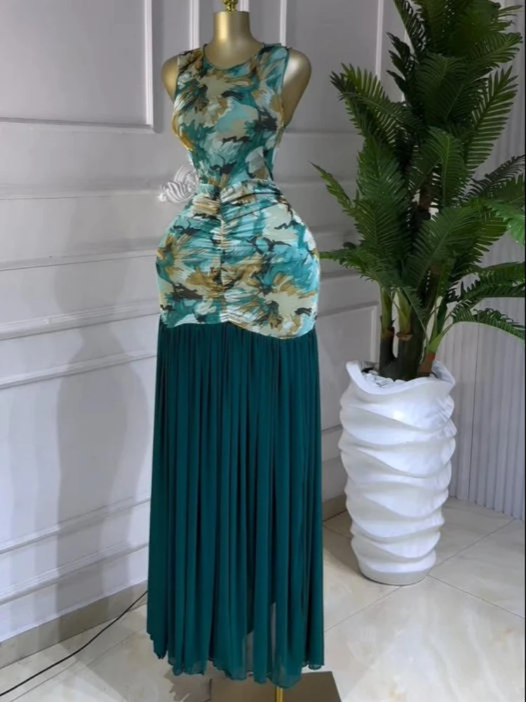 CM.YAYA Women Printed Ruched Stacked Fit and Flare Long Maxi Dress 2025 Winter Evening Party Education Vacation Dresses Vestido