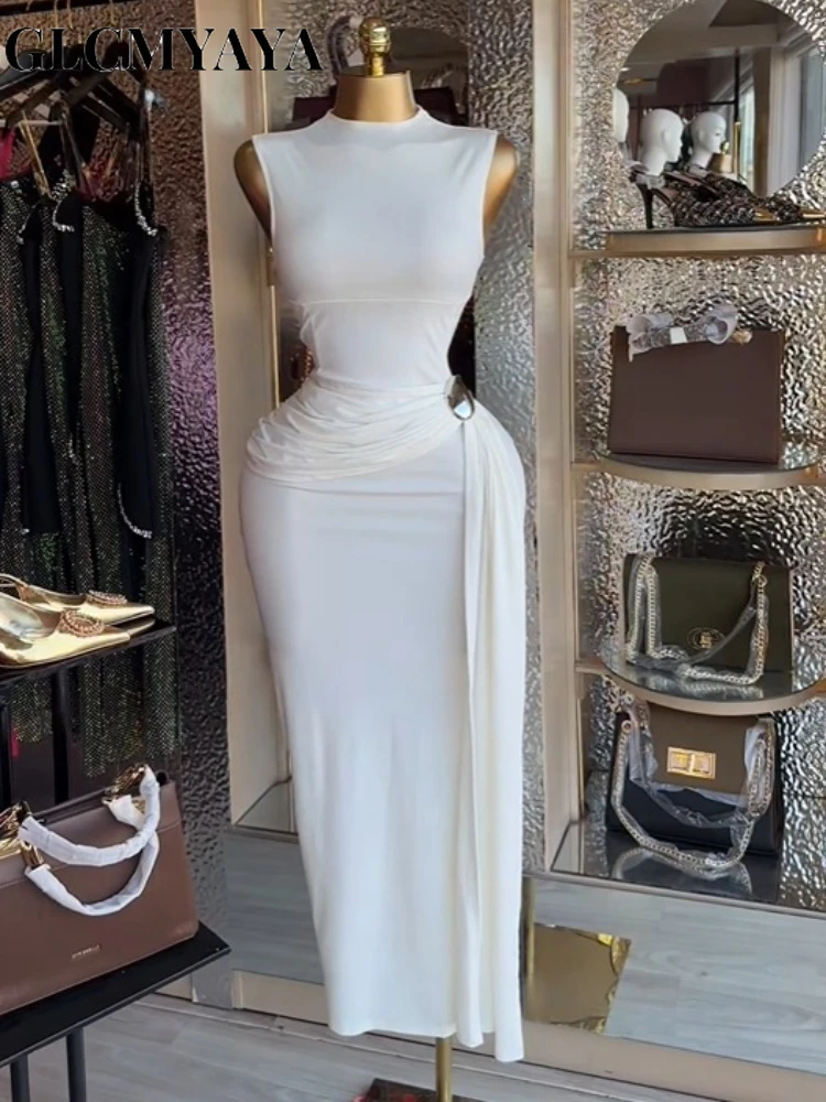 GLCMYAYA Women Sleeveless O-neck Stacked Ruched Side Up Bodycon Midi Maxi Dress 2026 Cocktail Even Birthday Party Trendy Dresses