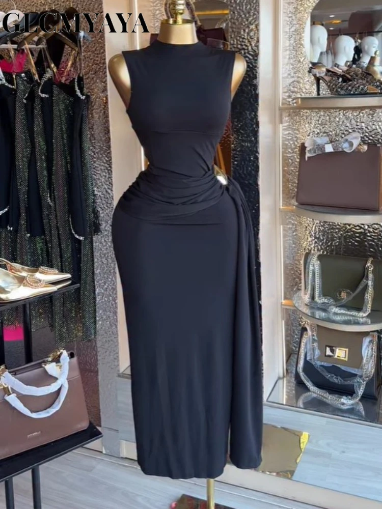 GLCMYAYA Women Sleeveless O-neck Stacked Ruched Side Up Bodycon Midi Maxi Dress 2026 Cocktail Even Birthday Party Trendy Dresses