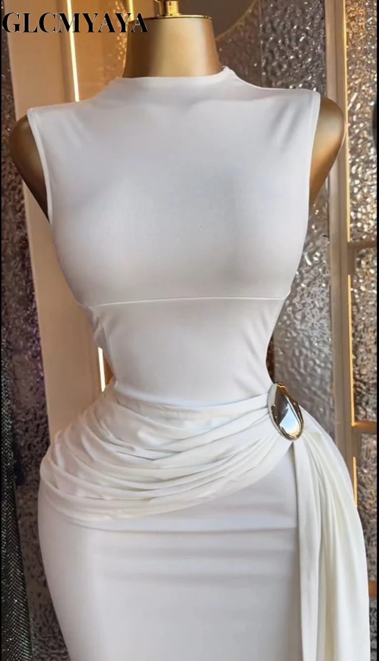 GLCMYAYA Women Sleeveless O-neck Stacked Ruched Side Up Bodycon Midi Maxi Dress 2026 Cocktail Even Birthday Party Trendy Dresses