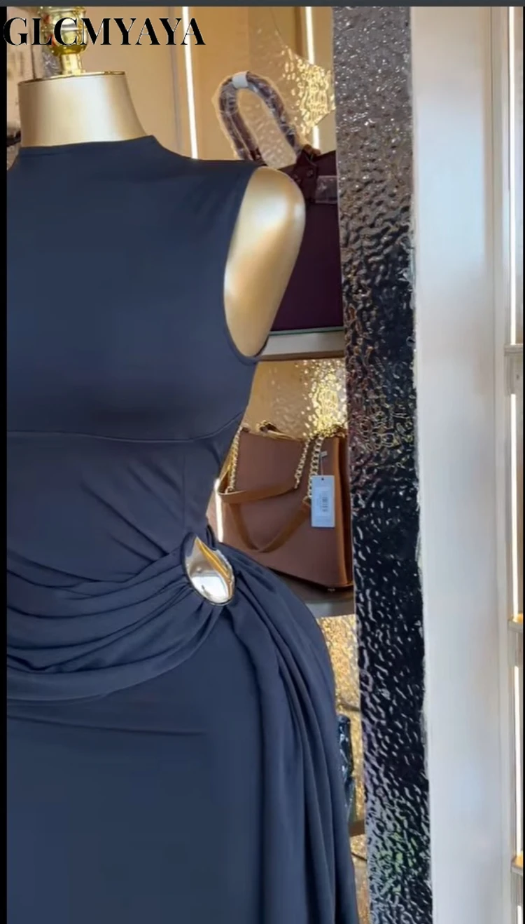 GLCMYAYA Women Sleeveless O-neck Stacked Ruched Side Up Bodycon Midi Maxi Dress 2026 Cocktail Even Birthday Party Trendy Dresses