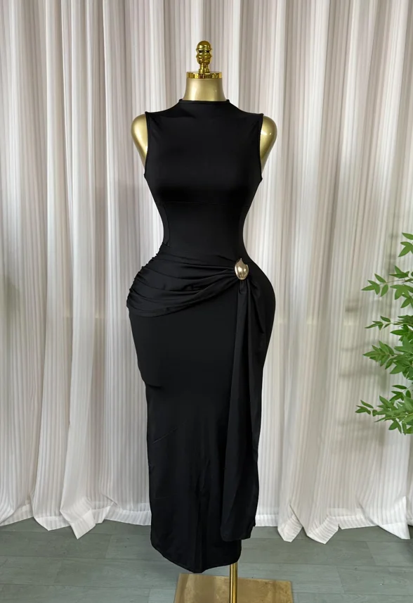 GLCMYAYA Women Sleeveless O-neck Stacked Ruched Side Up Bodycon Midi Maxi Dress 2026 Cocktail Even Birthday Party Trendy Dresses