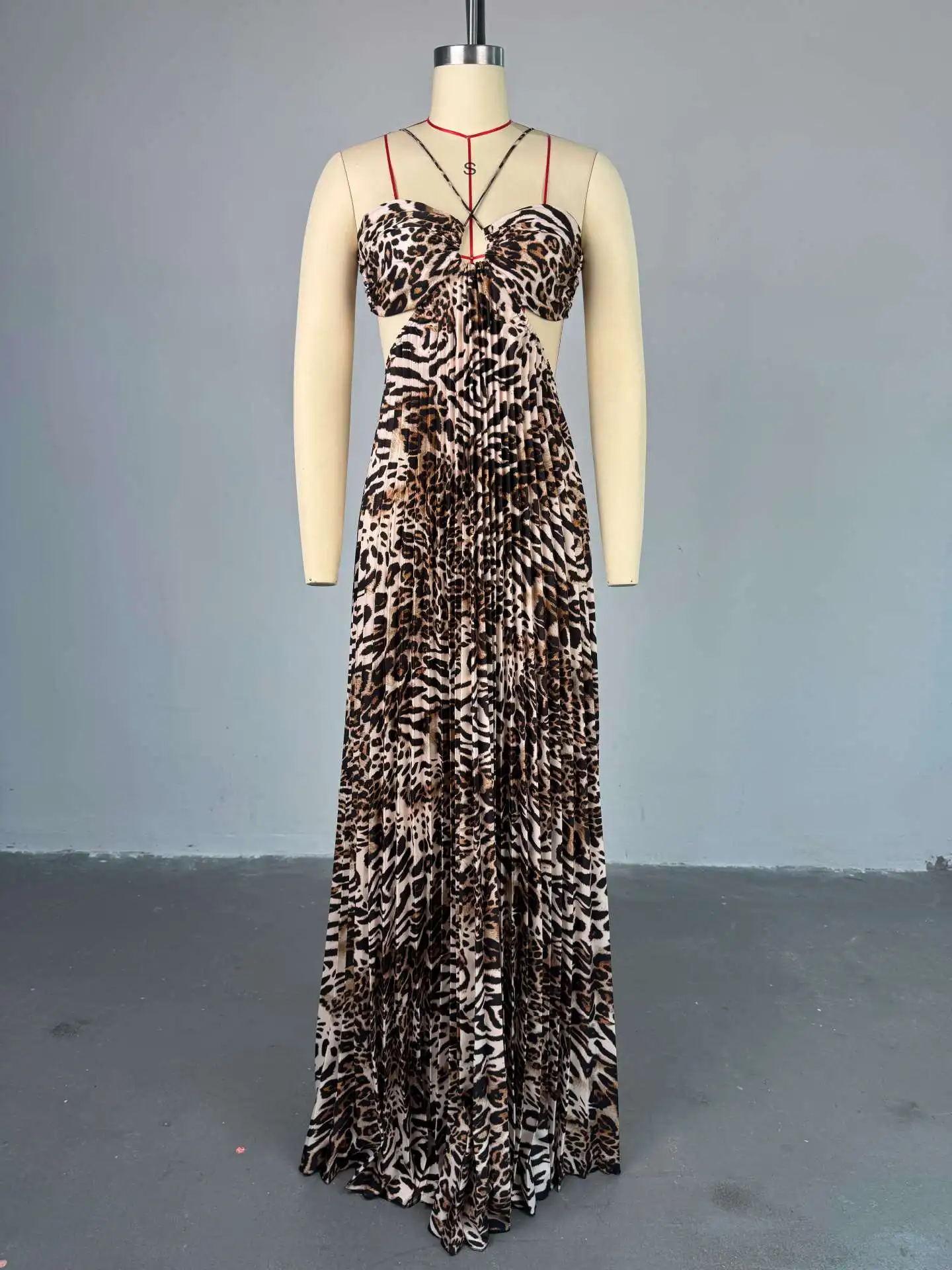 CM.YAYA Elegant Women  Leopard Print Sleeveless Strapless Floor-Length Long Dress 2025 Beach Party Birthday Sexy Pleated Dresses