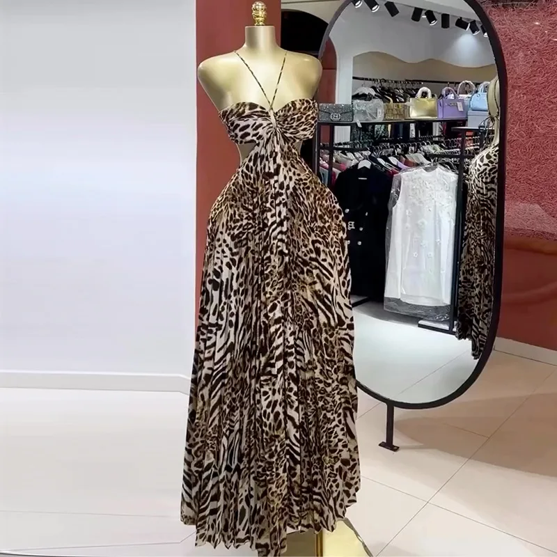 CM.YAYA Elegant Women  Leopard Print Sleeveless Strapless Floor-Length Long Dress 2025 Beach Party Birthday Sexy Pleated Dresses