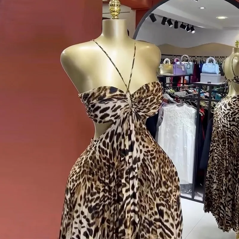CM.YAYA Elegant Women  Leopard Print Sleeveless Strapless Floor-Length Long Dress 2025 Beach Party Birthday Sexy Pleated Dresses