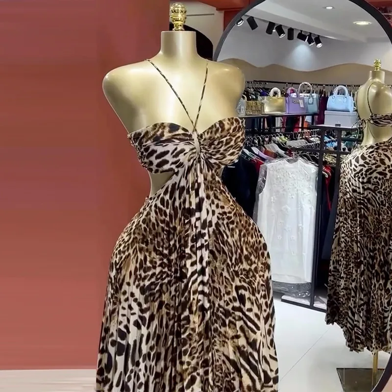 CM.YAYA Elegant Women  Leopard Print Sleeveless Strapless Floor-Length Long Dress 2025 Beach Party Birthday Sexy Pleated Dresses