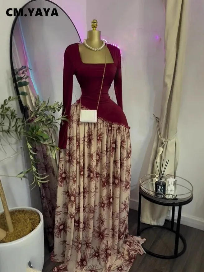 GLCMYAYA Women Print Full Sleeve Sashes Elegant Long Maxi Dress 2026 Fall Birthday Holiday Evening Sexy Party Dresses Vestidos