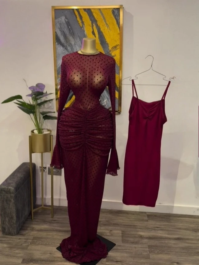 CM.YAYA 2025 Fall Women Long Sleeve Stacked Mesh See Though with Lining Bodycon Long Dress Evening Birthday Sexy Party Dresses CM.YAYA 2025 Fall Women Long Sleeve Stacked Mesh See Though with Lining Bodycon Long Dress Evening Birthday Sexy Party Dresses