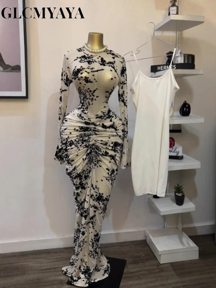 CM.YAYA 2025 Fall Women Long Sleeve Stacked Mesh See Though with Lining Bodycon Long Dress Evening Birthday Sexy Party Dresses CM.YAYA 2025 Fall Women Long Sleeve Stacked Mesh See Though with Lining Bodycon Long Dress Evening Birthday Sexy Party Dresses