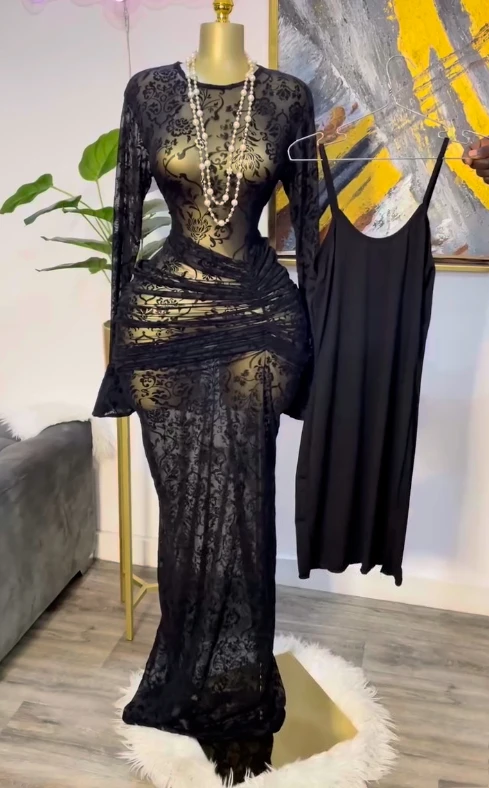 CM.YAYA 2025 Fall Women Long Sleeve Stacked Mesh See Though with Lining Bodycon Long Dress Evening Birthday Sexy Party Dresses CM.YAYA 2025 Fall Women Long Sleeve Stacked Mesh See Though with Lining Bodycon Long Dress Evening Birthday Sexy Party Dresses