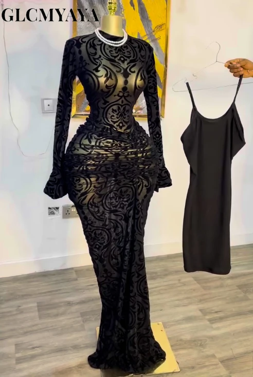 CM.YAYA 2025 Fall Women Long Sleeve Stacked Mesh See Though with Lining Bodycon Long Dress Evening Birthday Sexy Party Dresses CM.YAYA 2025 Fall Women Long Sleeve Stacked Mesh See Though with Lining Bodycon Long Dress Evening Birthday Sexy Party Dresses