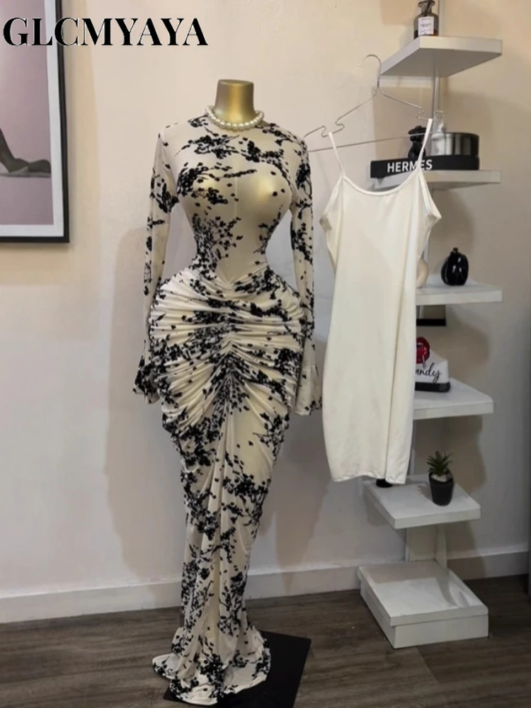 CM.YAYA 2025 Fall Women Long Sleeve Stacked Mesh See Though with Lining Bodycon Long Dress Evening Birthday Sexy Party Dresses CM.YAYA 2025 Fall Women Long Sleeve Stacked Mesh See Though with Lining Bodycon Long Dress Evening Birthday Sexy Party Dresses