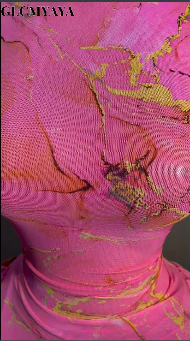 CM.YAYA Women Tie Dye Printed Stacked Ruched Long Sleeve Midi Bodycon Maxi Long Dress Birthday Party Education Trendy Dresses