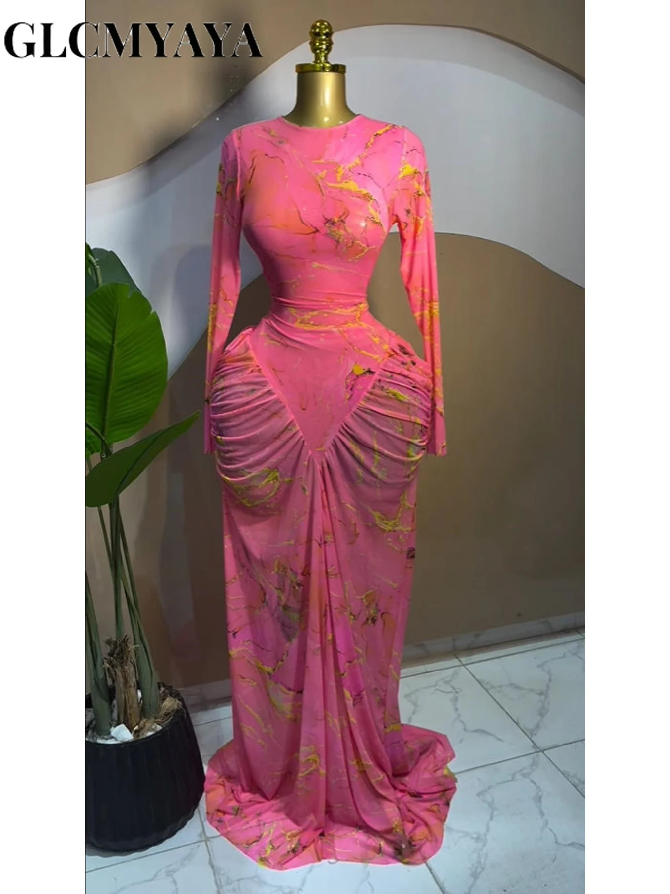 CM.YAYA Women Tie Dye Printed Stacked Ruched Long Sleeve Midi Bodycon Maxi Long Dress Birthday Party Education Trendy Dresses