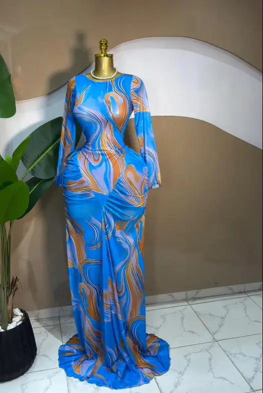 CM.YAYA Women Tie Dye Printed Stacked Ruched Long Sleeve Midi Bodycon Maxi Long Dress Birthday Party Education Trendy Dresses