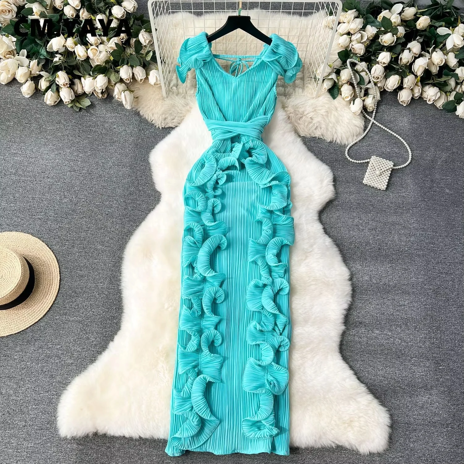 CM.YAYA Women Ruffles Splicing V-neck Sleeveless Bodycon Midi Pleated Maxi Long Dress 2025 Birthday Sexy Club Party Even Dresses