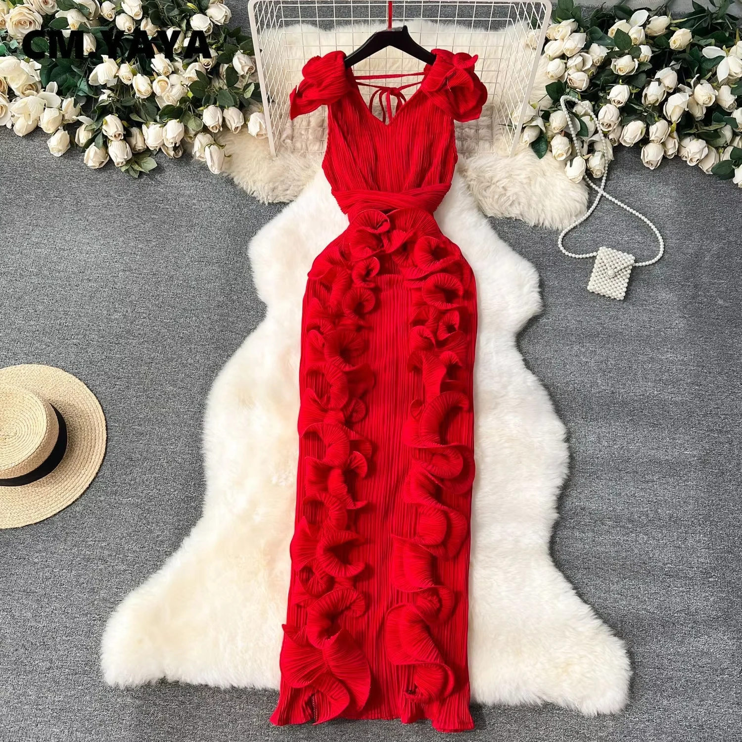 CM.YAYA Women Ruffles Splicing V-neck Sleeveless Bodycon Midi Pleated Maxi Long Dress 2025 Birthday Sexy Club Party Even Dresses