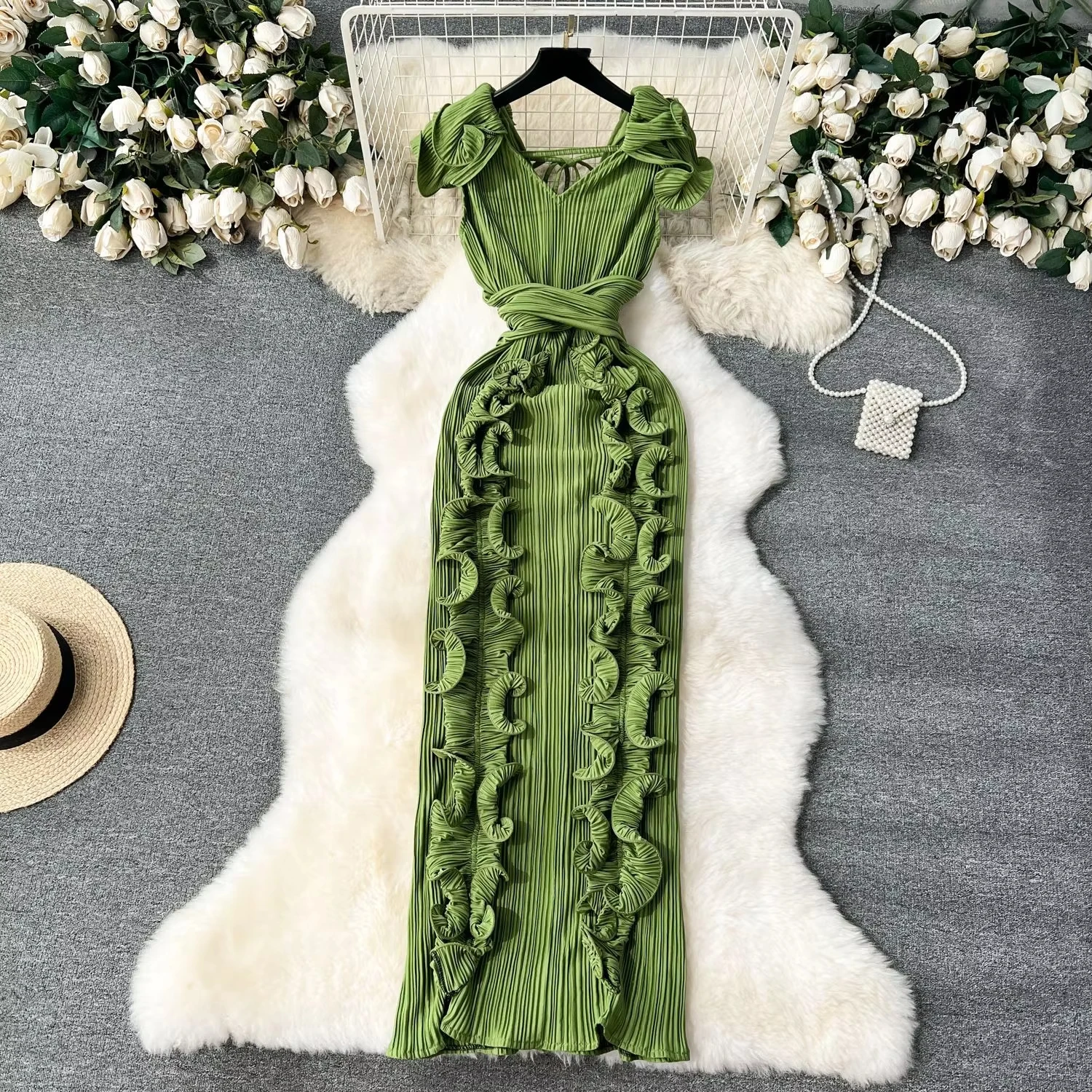 CM.YAYA Women Ruffles Splicing V-neck Sleeveless Bodycon Midi Pleated Maxi Long Dress 2025 Birthday Sexy Club Party Even Dresses CM.YAYA Women Ruffles Splicing V-neck Sleeveless Bodycon Midi Pleated Maxi Long Dress 2025 Birthday Sexy Club Party Even Dresses