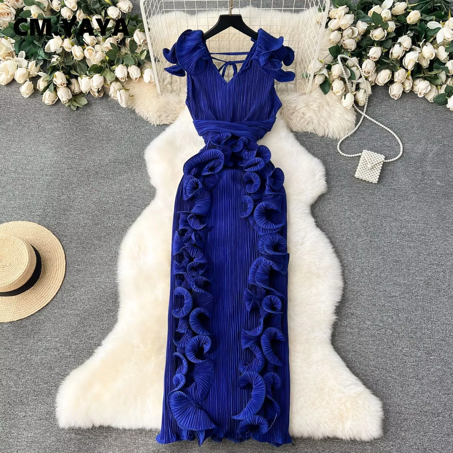 CM.YAYA Women Ruffles Splicing V-neck Sleeveless Bodycon Midi Pleated Maxi Long Dress 2025 Birthday Sexy Club Party Even Dresses