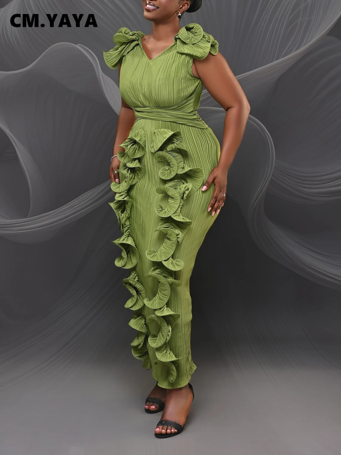 CM.YAYA Women Ruffles Splicing V-neck Sleeveless Bodycon Midi Pleated Maxi Long Dress 2025 Birthday Sexy Club Party Even Dresses