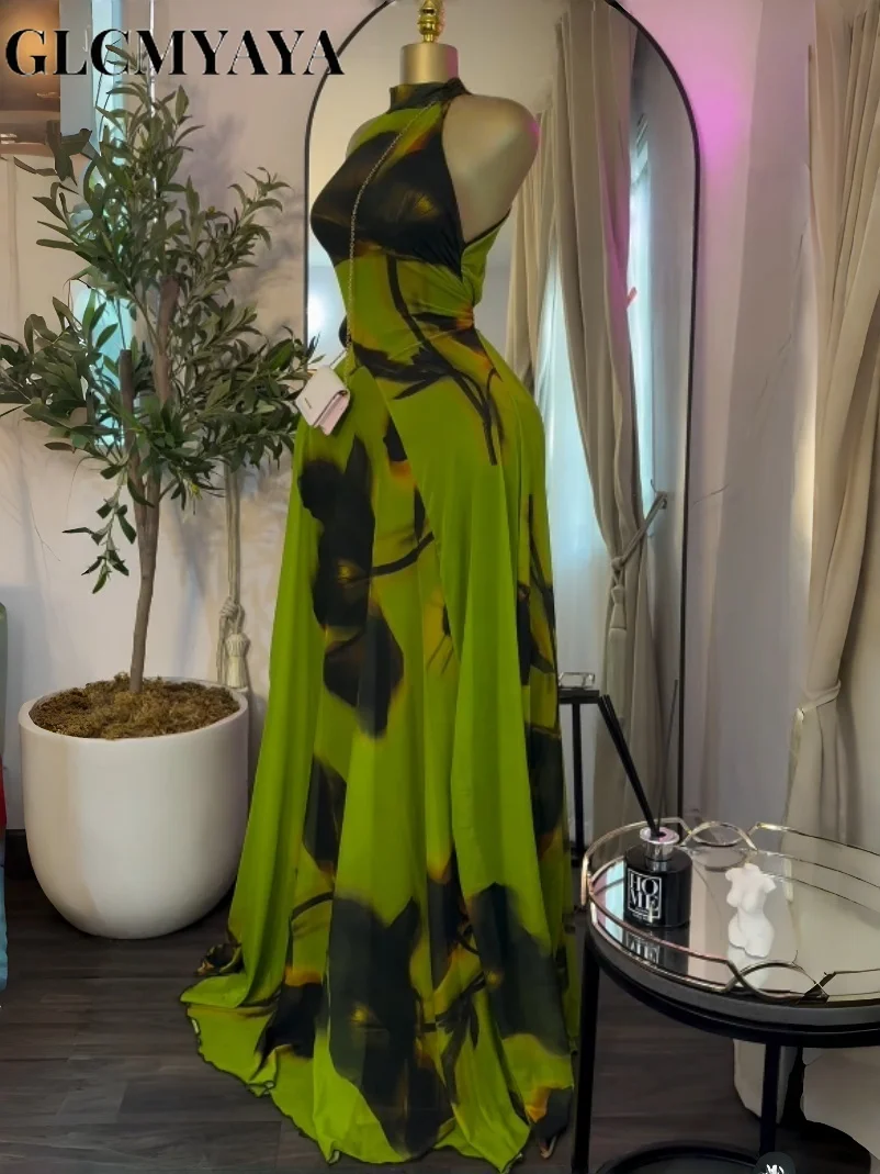 GLCMYAYA Women Printed Sleeveless with Sashes Fit and Flare A-line Maxi Dress 2026 Streetwear Beach Holiday Long Dresses Vestido