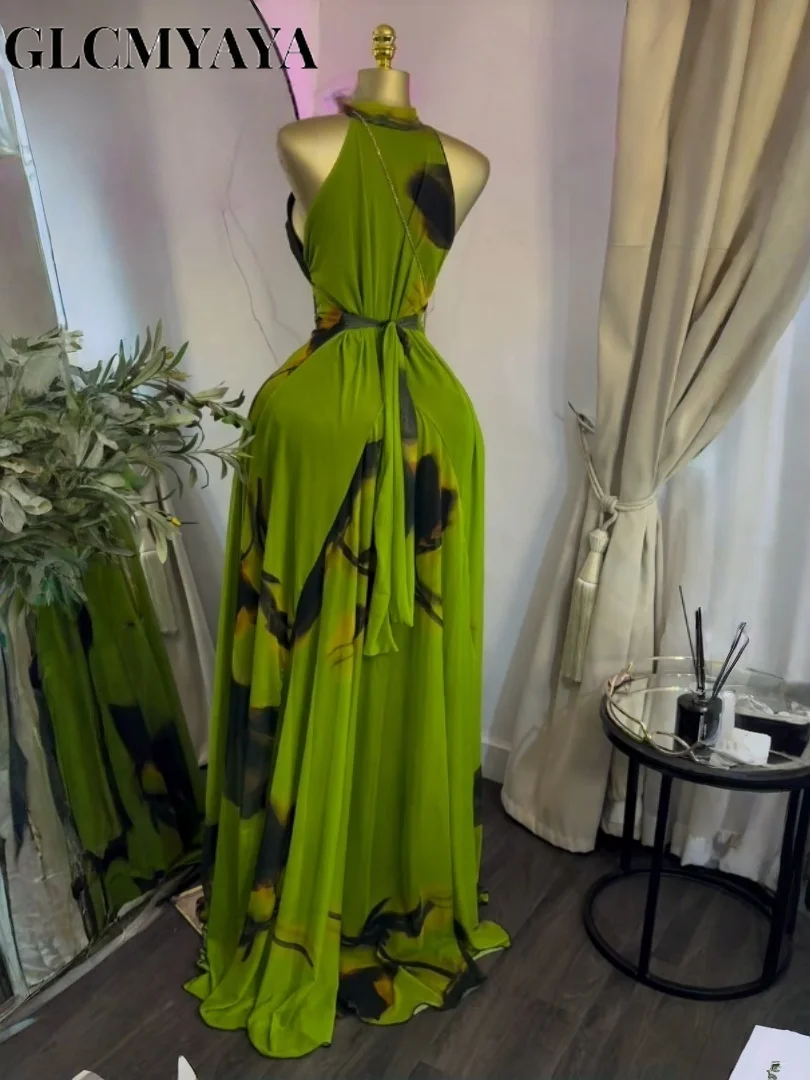 GLCMYAYA Women Printed Sleeveless with Sashes Fit and Flare A-line Maxi Dress 2026 Streetwear Beach Holiday Long Dresses Vestido