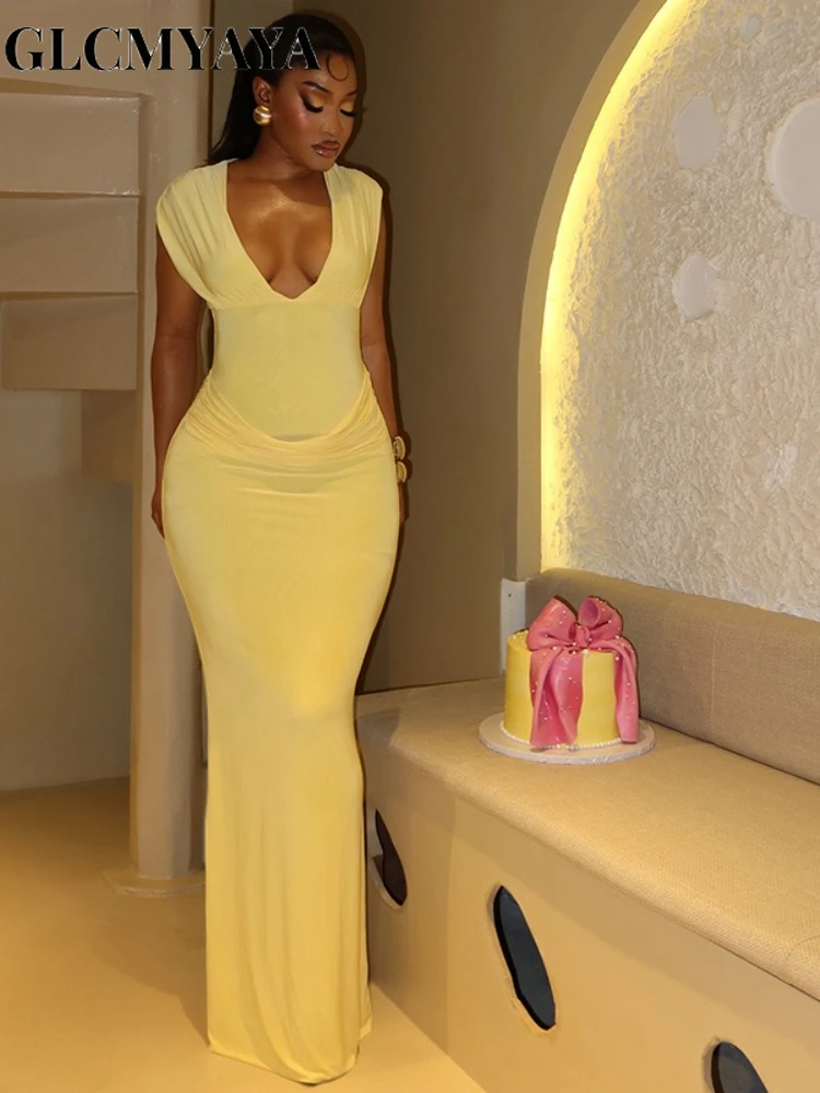 CM.YAYA Women Sleeveless V-neck Ruched Elegant Long Dress 2025 Birthday Holiday Beach Evening Sexy Party Dresses Vestidos CM.YAYA Women Sleeveless V-neck Ruched Elegant Long Dress 2025 Birthday Holiday Beach Evening Sexy Party Dresses Vestidos