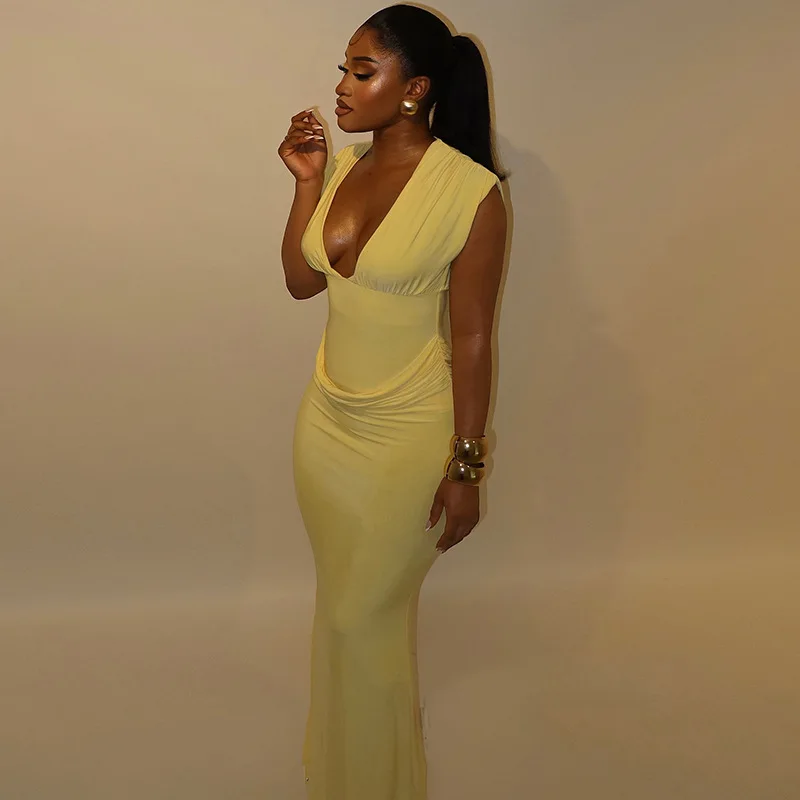 CM.YAYA Women Sleeveless V-neck Ruched Elegant Long Dress 2025 Birthday Holiday Beach Evening Sexy Party Dresses Vestidos