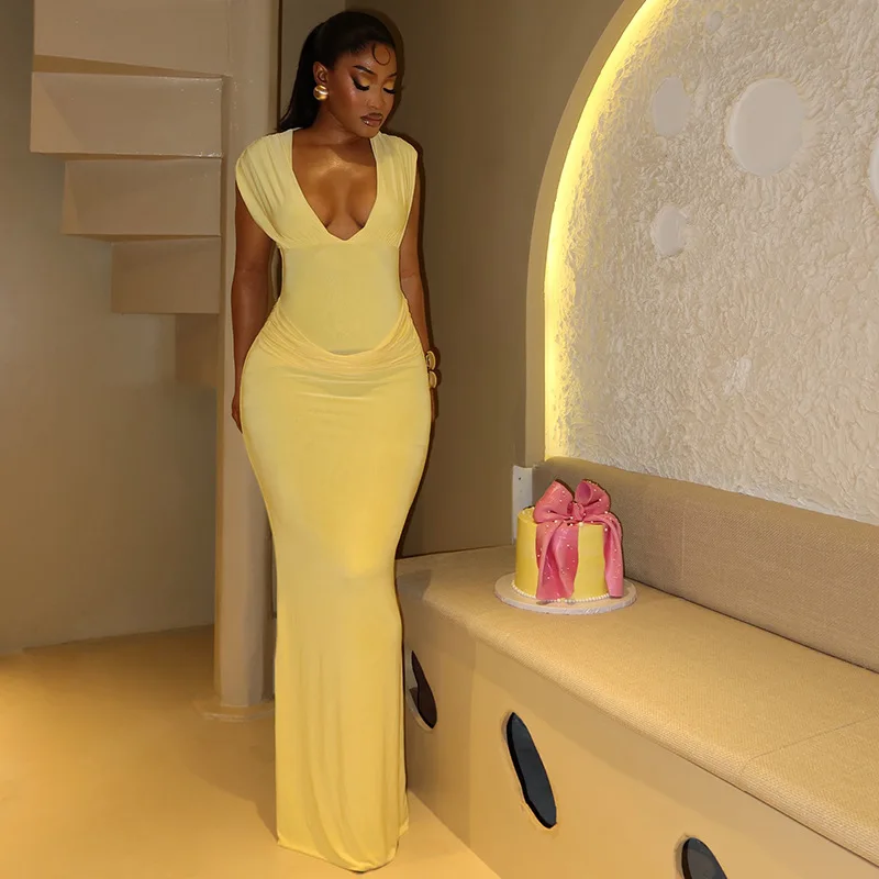 CM.YAYA Women Sleeveless V-neck Ruched Elegant Long Dress 2025 Birthday Holiday Beach Evening Sexy Party Dresses Vestidos