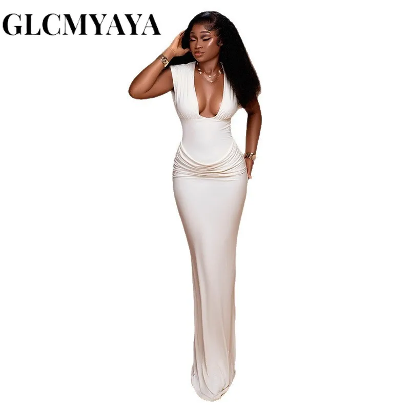 CM.YAYA Women Sleeveless V-neck Ruched Elegant Long Dress 2025 Birthday Holiday Beach Evening Sexy Party Dresses Vestidos CM.YAYA Women Sleeveless V-neck Ruched Elegant Long Dress 2025 Birthday Holiday Beach Evening Sexy Party Dresses Vestidos