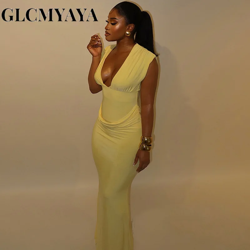 CM.YAYA Women Sleeveless V-neck Ruched Elegant Long Dress 2025 Birthday Holiday Beach Evening Sexy Party Dresses Vestidos CM.YAYA Women Sleeveless V-neck Ruched Elegant Long Dress 2025 Birthday Holiday Beach Evening Sexy Party Dresses Vestidos