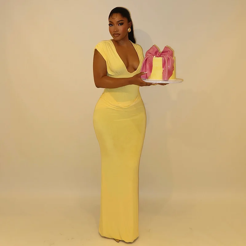 CM.YAYA Women Sleeveless V-neck Ruched Elegant Long Dress 2025 Birthday Holiday Beach Evening Sexy Party Dresses Vestidos