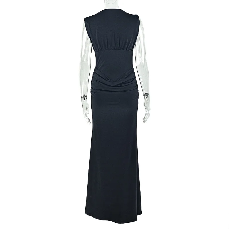 CM.YAYA Women Sleeveless V-neck Ruched Elegant Long Dress 2025 Birthday Holiday Beach Evening Sexy Party Dresses Vestidos