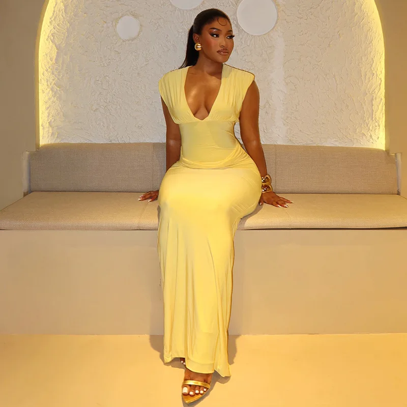 CM.YAYA Women Sleeveless V-neck Ruched Elegant Long Dress 2025 Birthday Holiday Beach Evening Sexy Party Dresses Vestidos