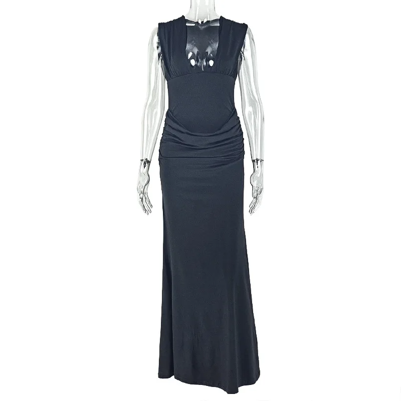 CM.YAYA Women Sleeveless V-neck Ruched Elegant Long Dress 2025 Birthday Holiday Beach Evening Sexy Party Dresses Vestidos