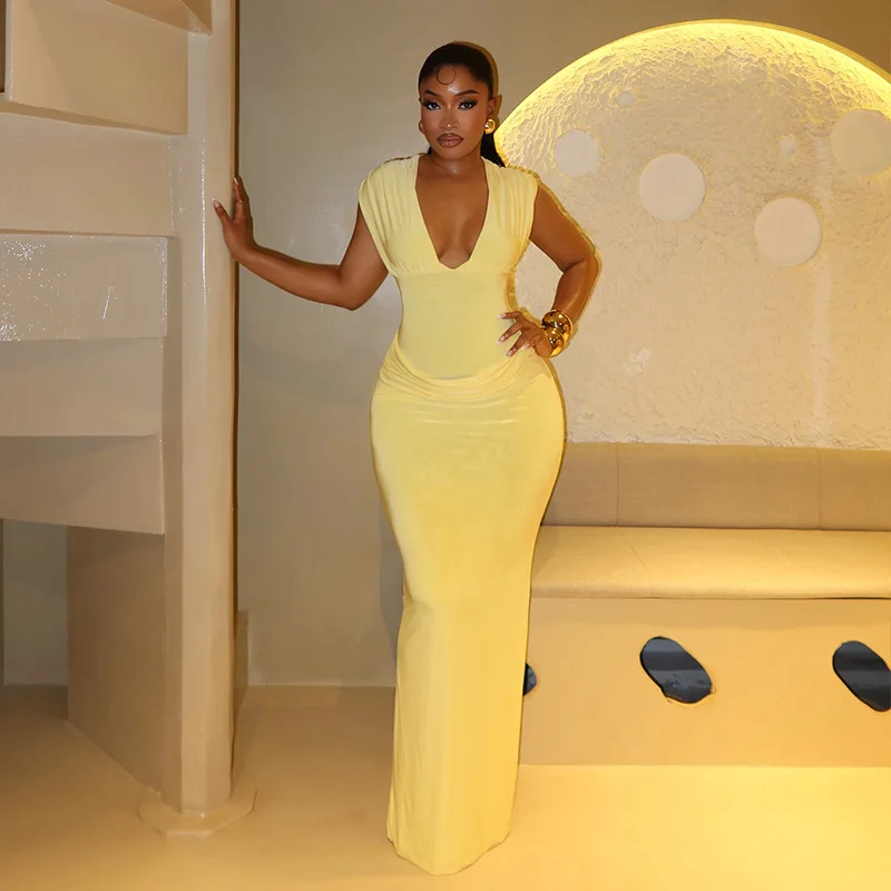 CM.YAYA Women Sleeveless V-neck Ruched Elegant Long Dress 2025 Birthday Holiday Beach Evening Sexy Party Dresses Vestidos