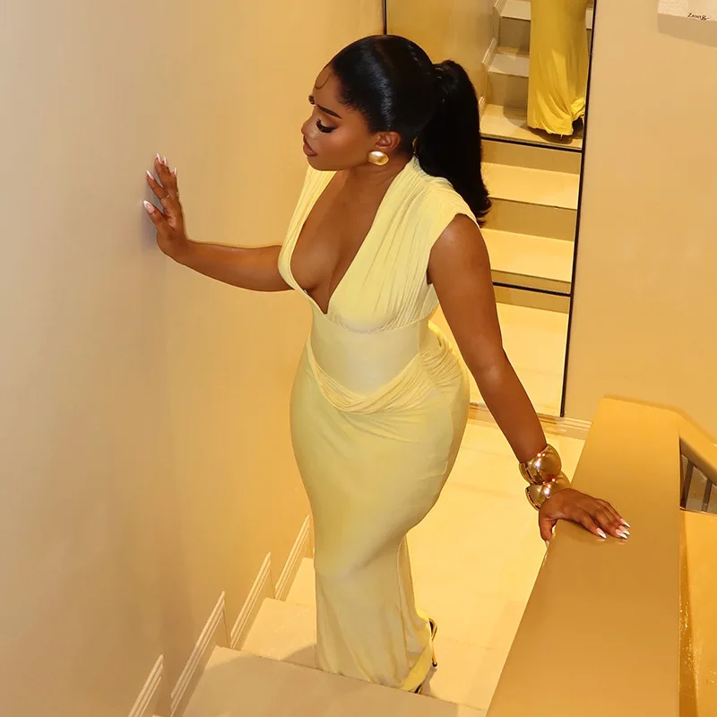 CM.YAYA Women Sleeveless V-neck Ruched Elegant Long Dress 2025 Birthday Holiday Beach Evening Sexy Party Dresses Vestidos