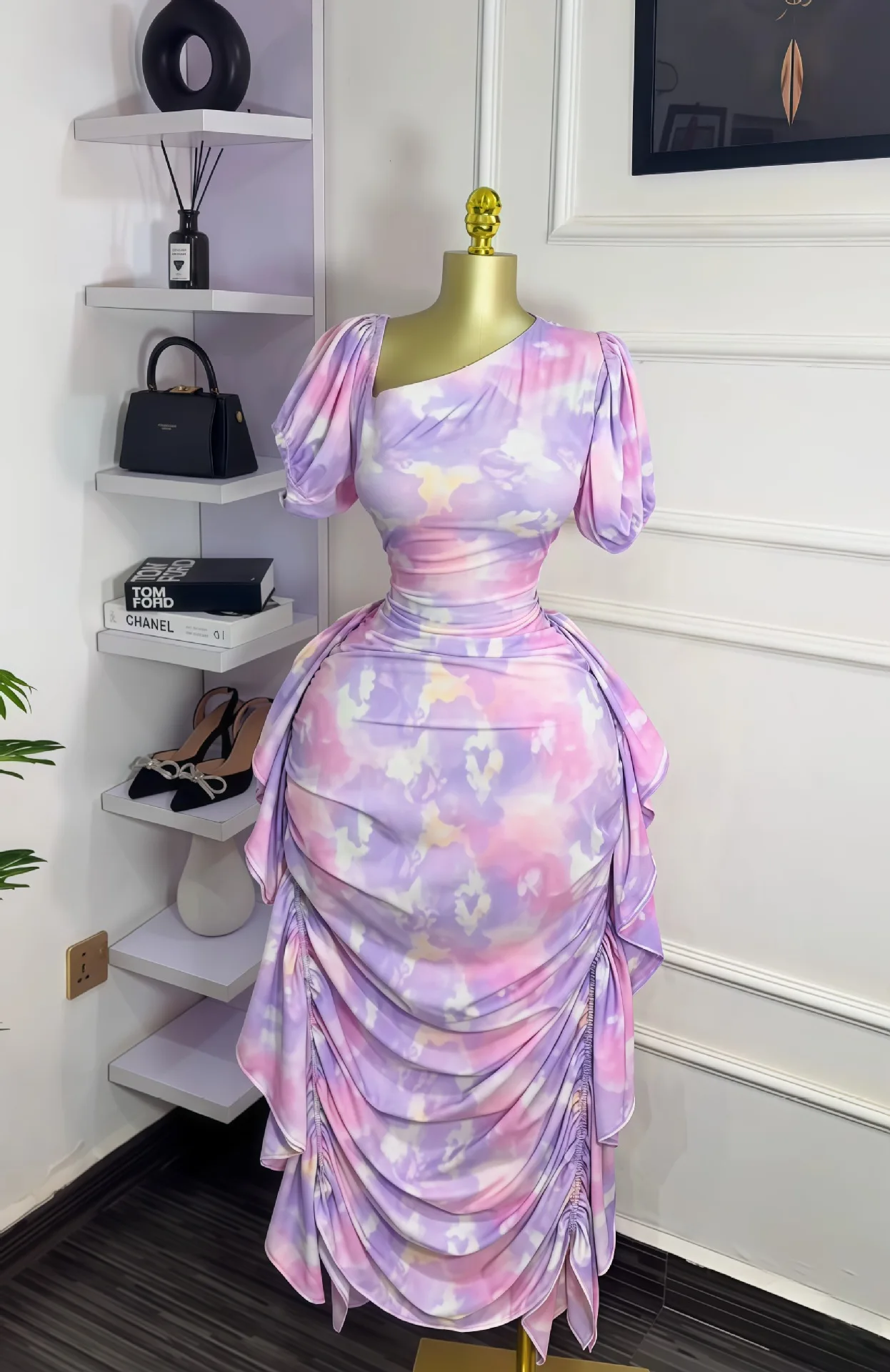 GLCMYAYA Women Tie Dye Printed Skew Neck Ruched Stacked Bodycon Midi Maxi Long Dress 2025 Vacation Holiday Sexy Vestidos Dresses