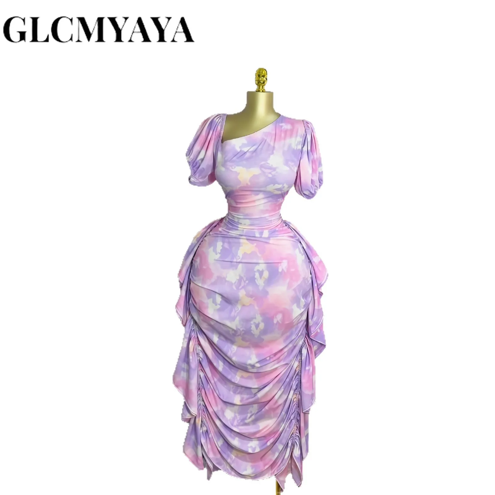 GLCMYAYA Women Tie Dye Printed Skew Neck Ruched Stacked Bodycon Midi Maxi Long Dress 2025 Vacation Holiday Sexy Vestidos Dresses